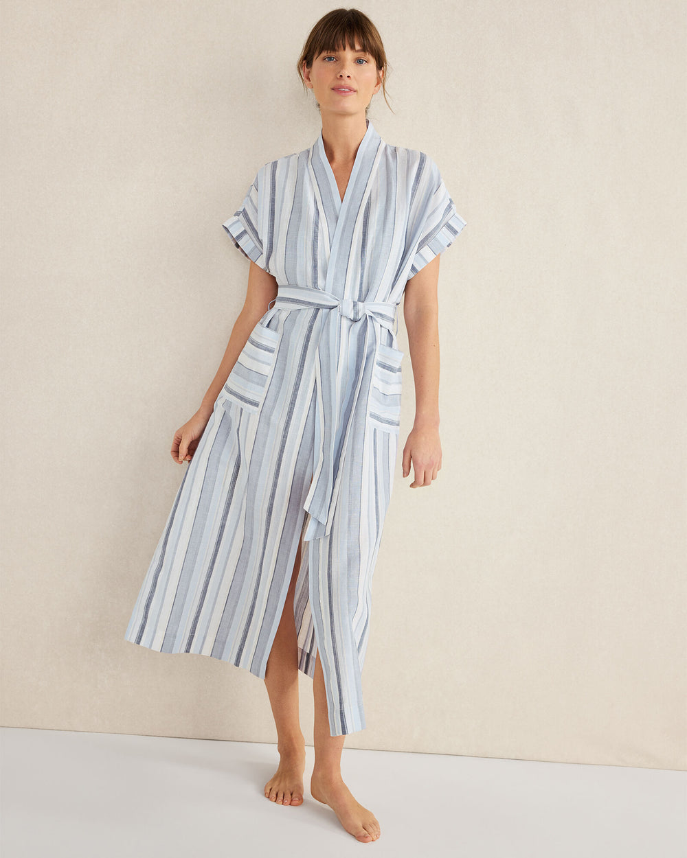 WIND MULTI ORGANIC COTTON LINEN COASTAL STRIPE ROBE | Talbots online