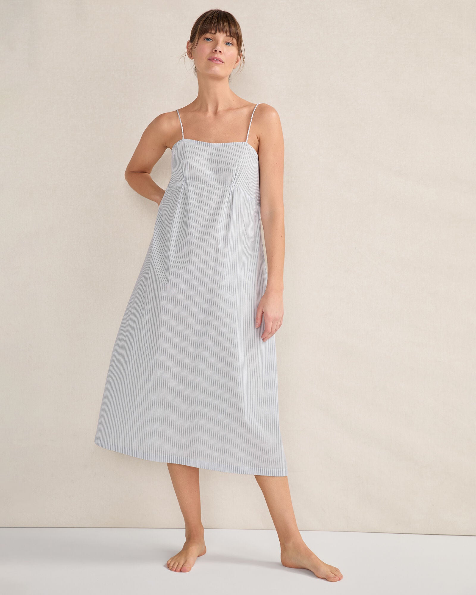 INDIGO MULTI ORGANIC COTTON POPLIN DELICATE STRIPE SLEEP DRESS | Talbots sale
