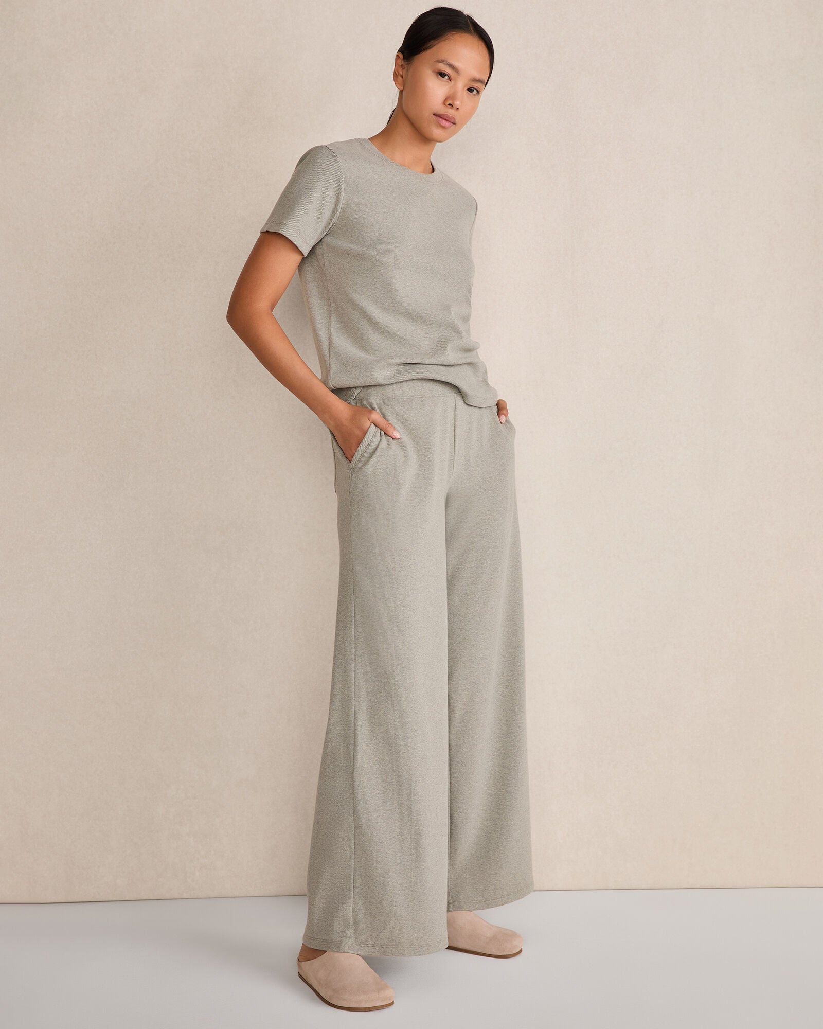 VETIVER HEATHER|WHITE|SAND HEATHER|HERON HEATHER ORGANIC COTTON RIB KNIT WIDE LEG PANTS | Talbots sale