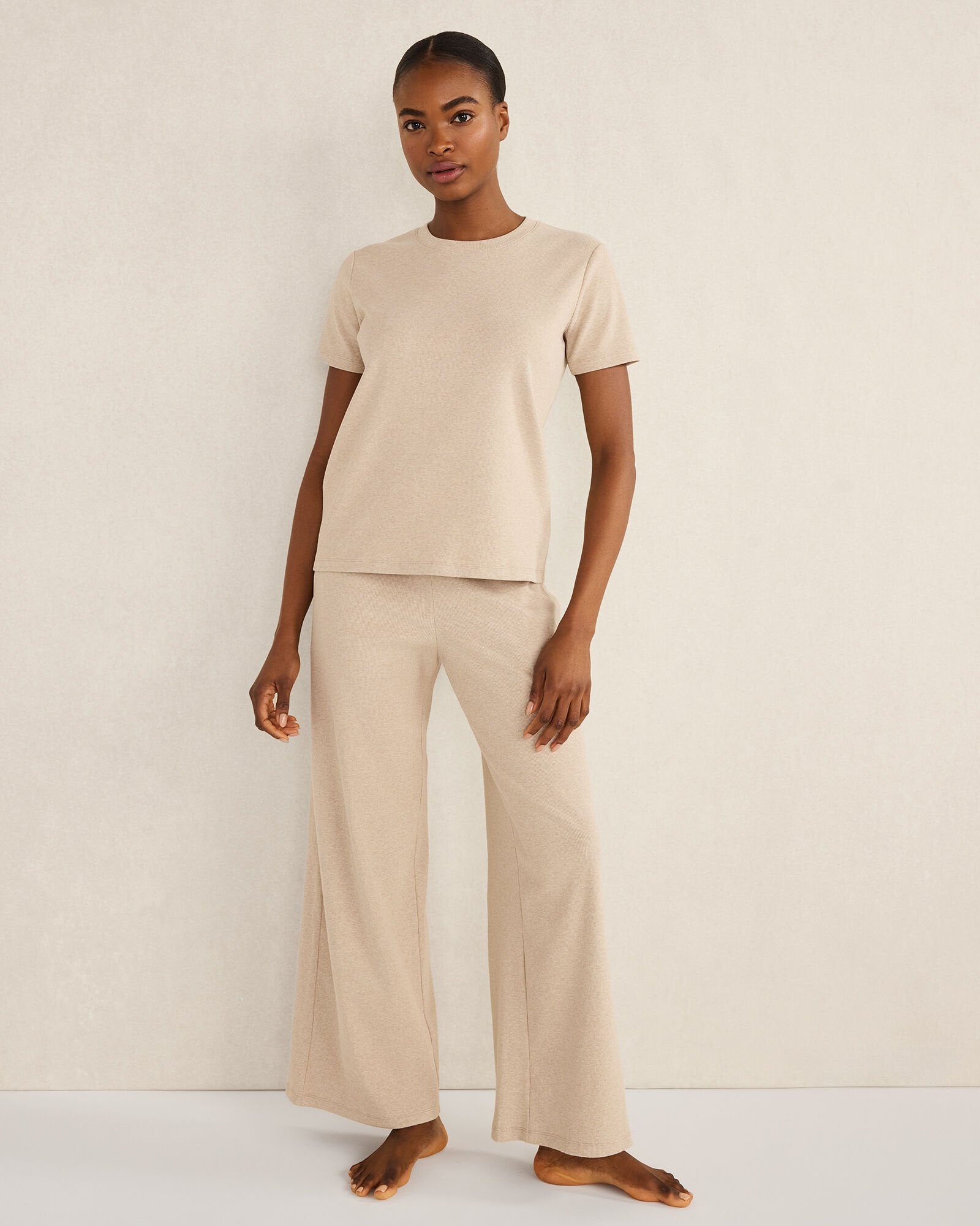 VETIVER HEATHER|WHITE|SAND HEATHER|HERON HEATHER ORGANIC COTTON RIB KNIT WIDE LEG PANTS | Talbots online