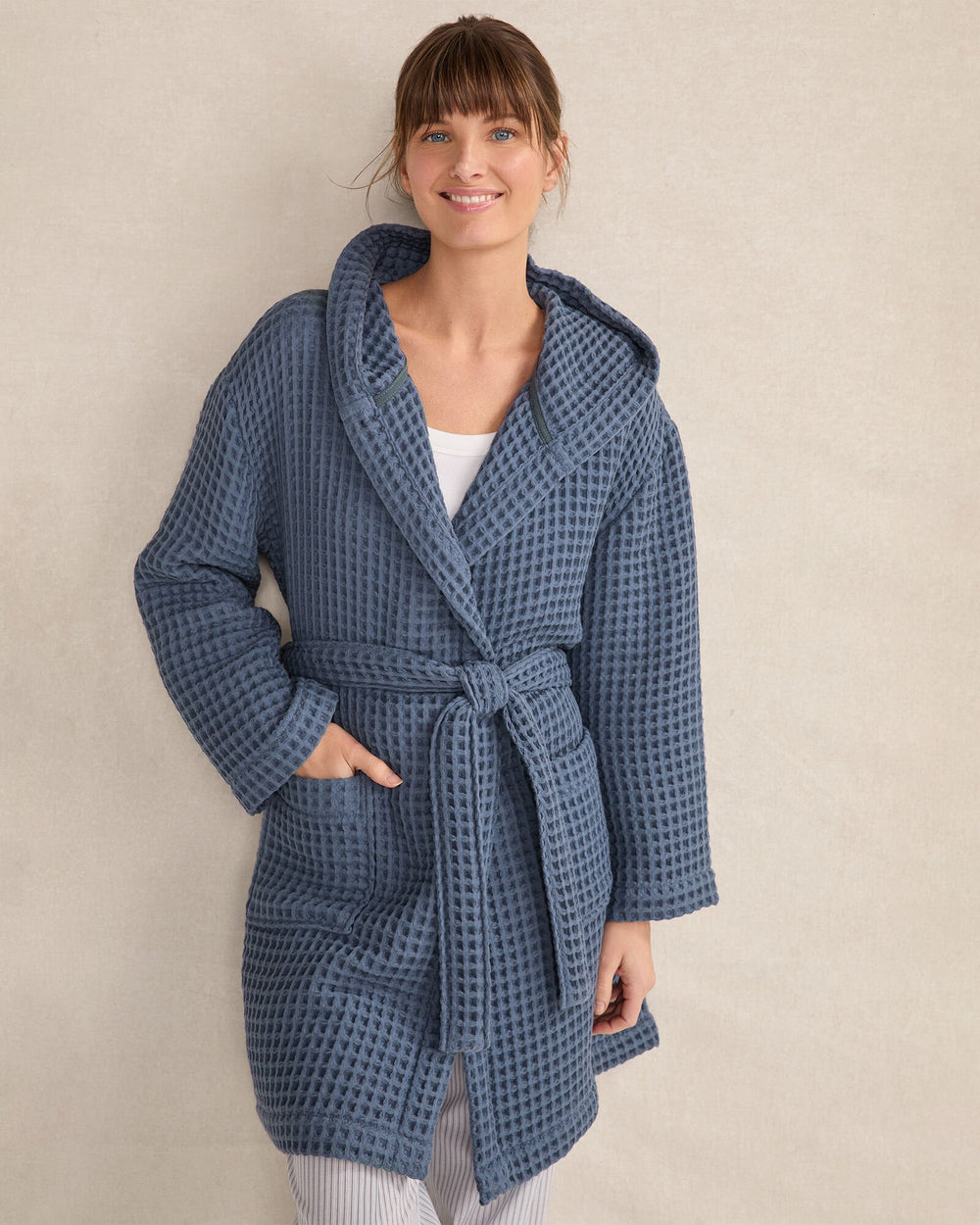 INDIGO|WHITE ORGANIC COTTON WAFFLE HOODED ROBE | Talbots near me