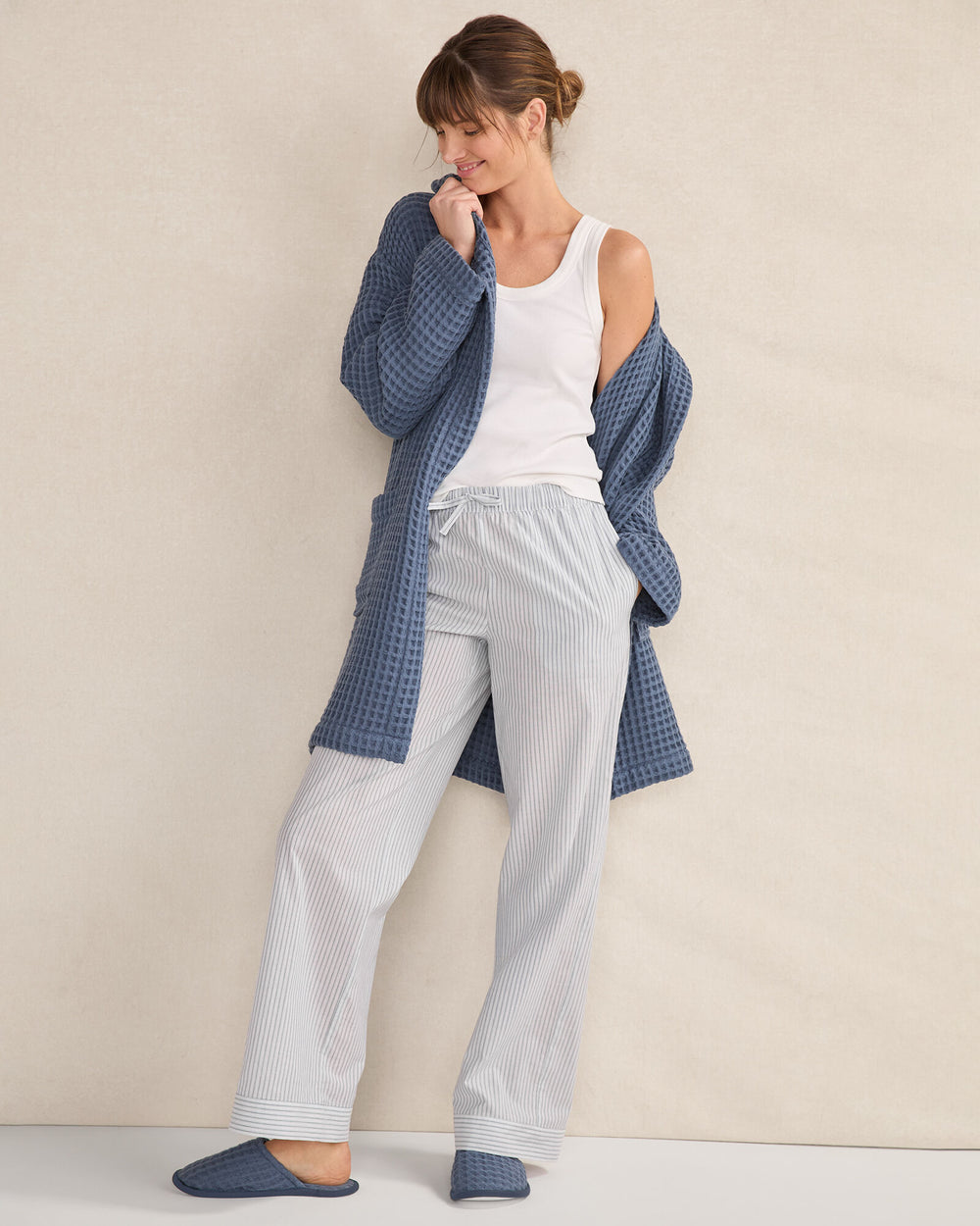 INDIGO|WHITE ORGANIC COTTON WAFFLE HOODED ROBE | Talbots near me