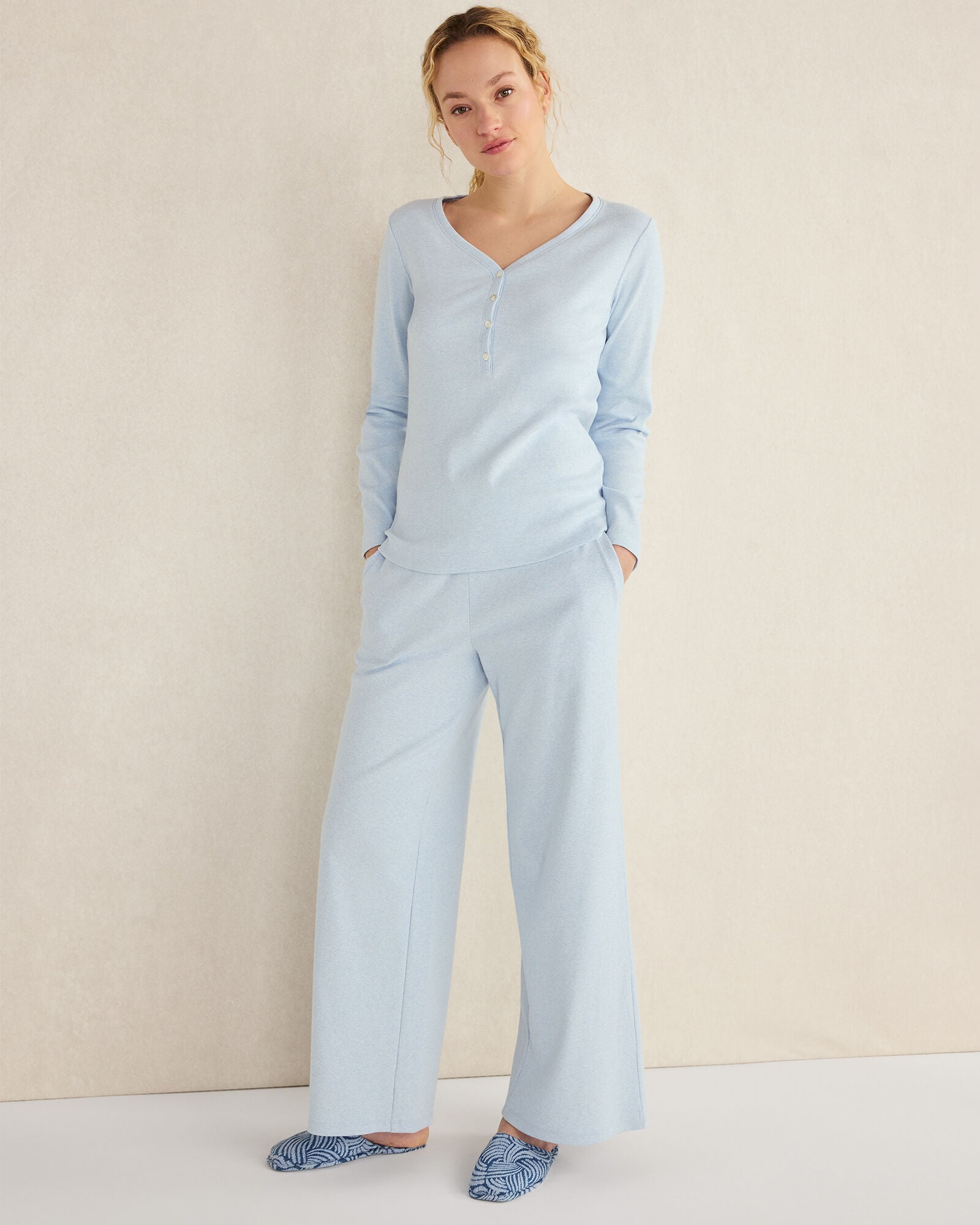 HERON HEATHER|SAND HEATHER|WHITE ORGANIC COTTON RIB KNIT HENLEY | Talbots for sale