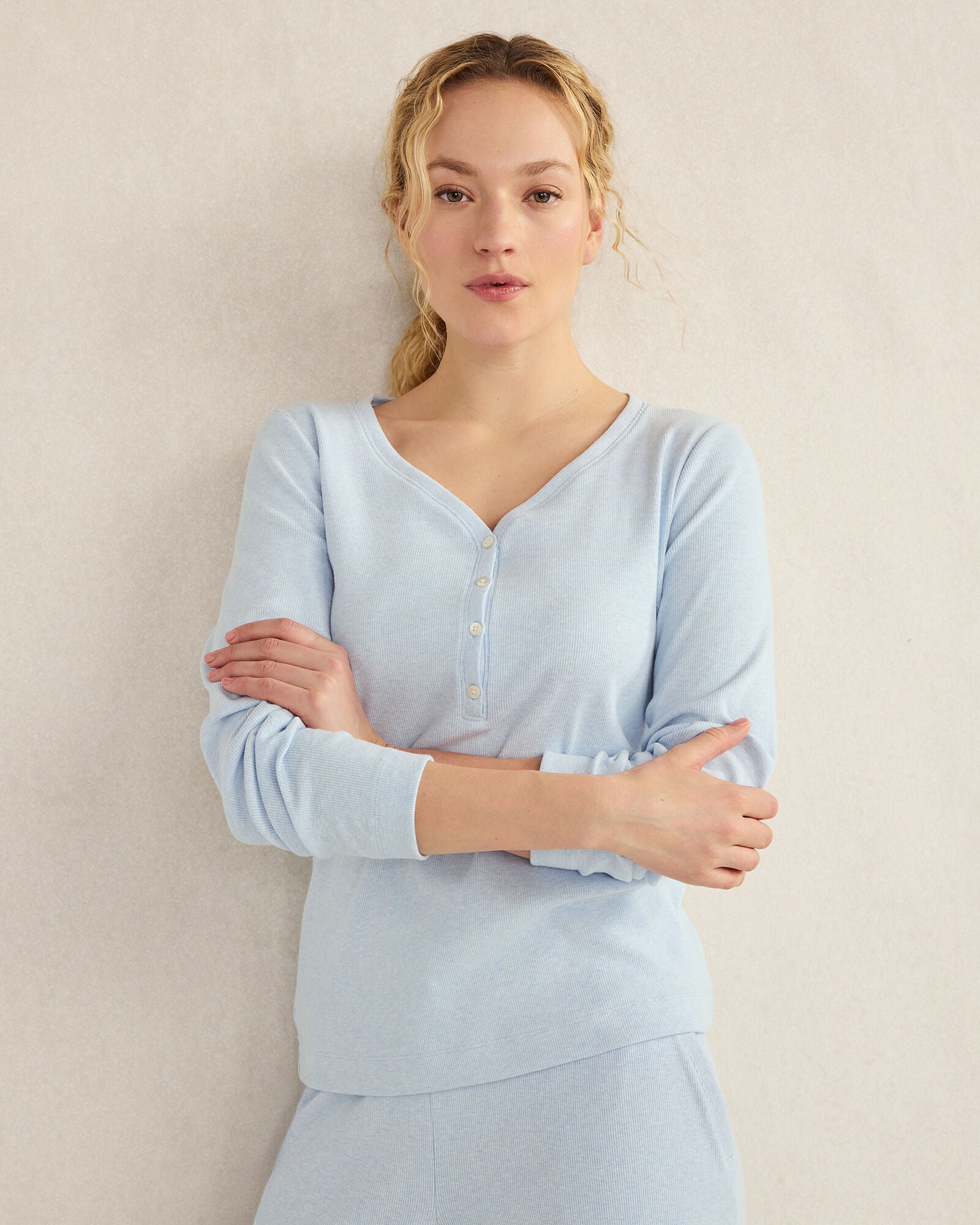 HERON HEATHER|SAND HEATHER|WHITE ORGANIC COTTON RIB KNIT HENLEY | Talbots for sale