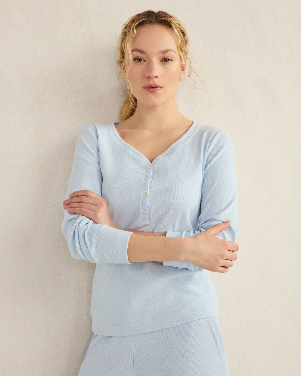 HERON HEATHER|SAND HEATHER|WHITE ORGANIC COTTON RIB KNIT HENLEY | Talbots for sale