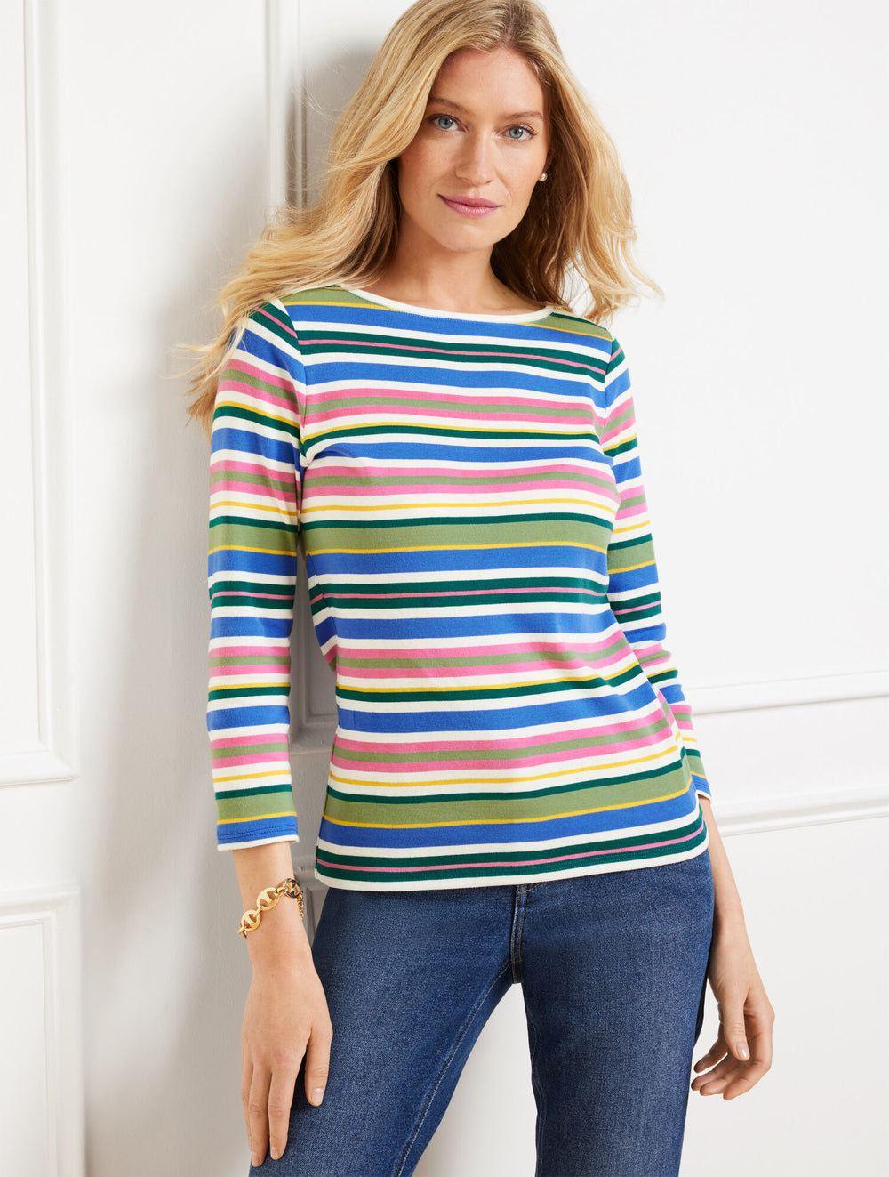 IVORY MULTI BATEAU NECK TEE - POSEY STRIPE | Talbots discount