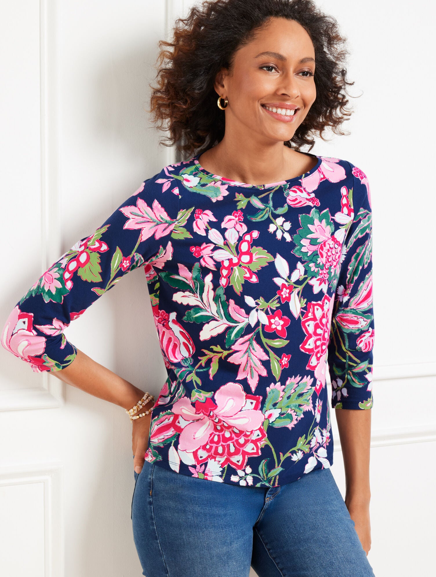 INDIA INK MULTI BATEAU NECK TEE - JOYFUL JACOBEAN | Talbots discount