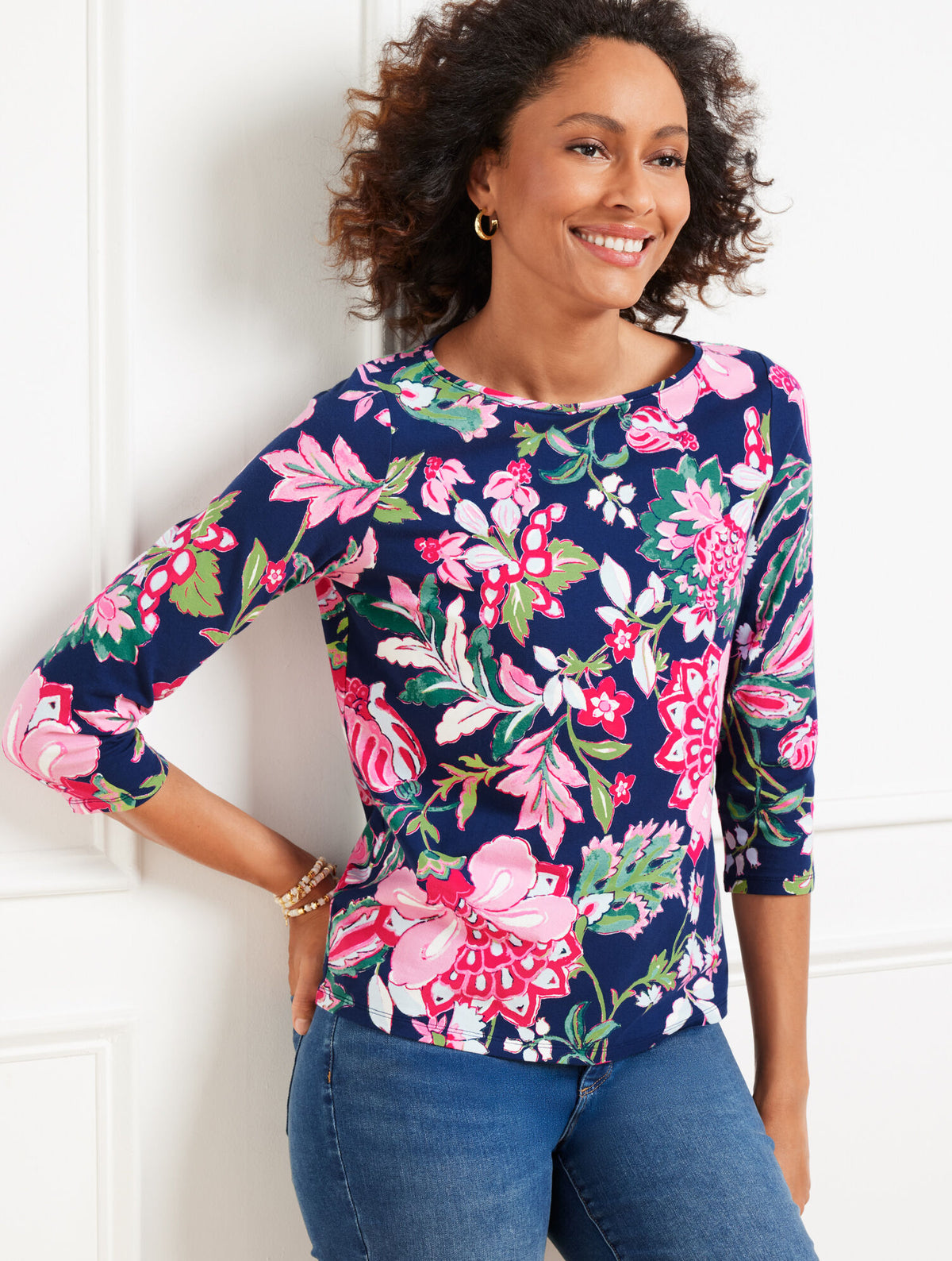INDIA INK MULTI BATEAU NECK TEE - JOYFUL JACOBEAN | Talbots discount