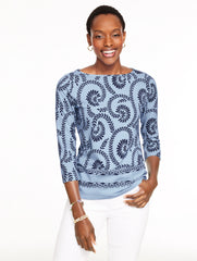 BLUE CRYSTAL/INDIA INK BATEAU NECK TEE - SWIRLING VINES | Talbots online