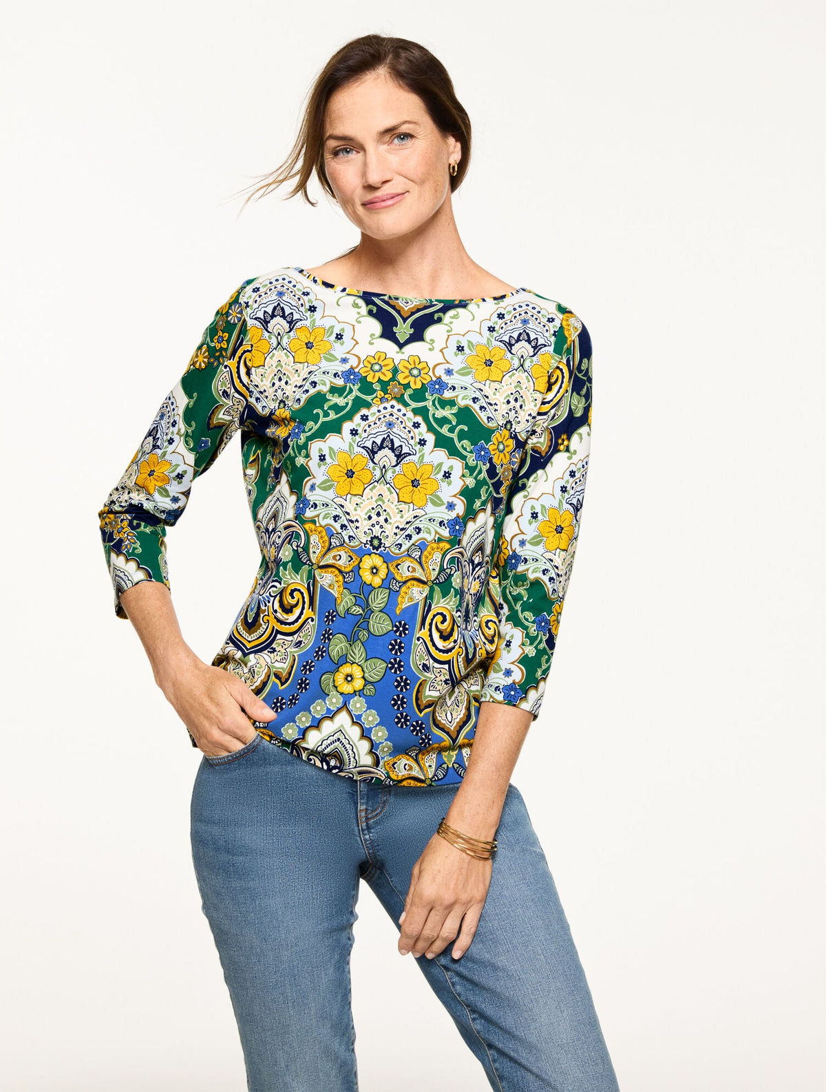 AZURE BLUE MULTI BATEAU NECK TEE - ELABORATE MEDALLION | Talbots outlet