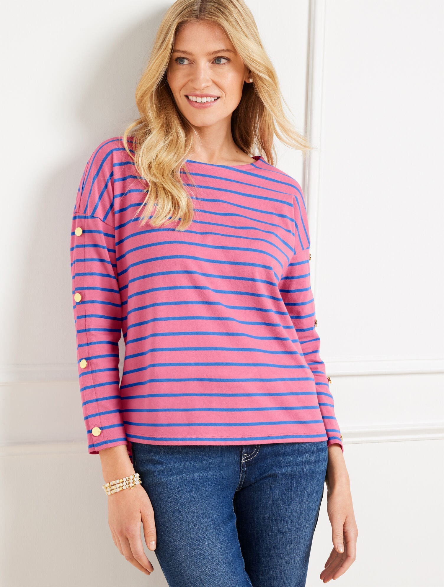 PETUNIA PINK/AZURE BLUE BUTTON SLEEVE CREWNECK TEE - STRIPE | Talbots near me