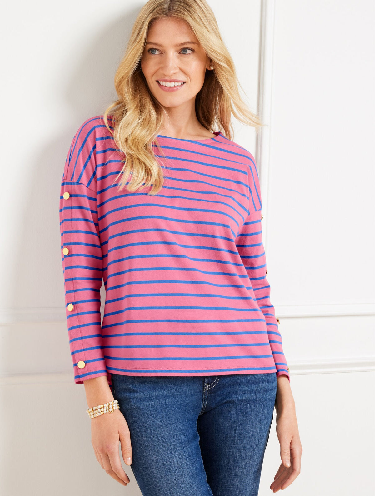 PETUNIA PINK/AZURE BLUE BUTTON SLEEVE CREWNECK TEE - STRIPE | Talbots near me