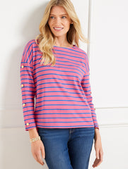 PETUNIA PINK/AZURE BLUE BUTTON SLEEVE CREWNECK TEE - STRIPE | Talbots near me