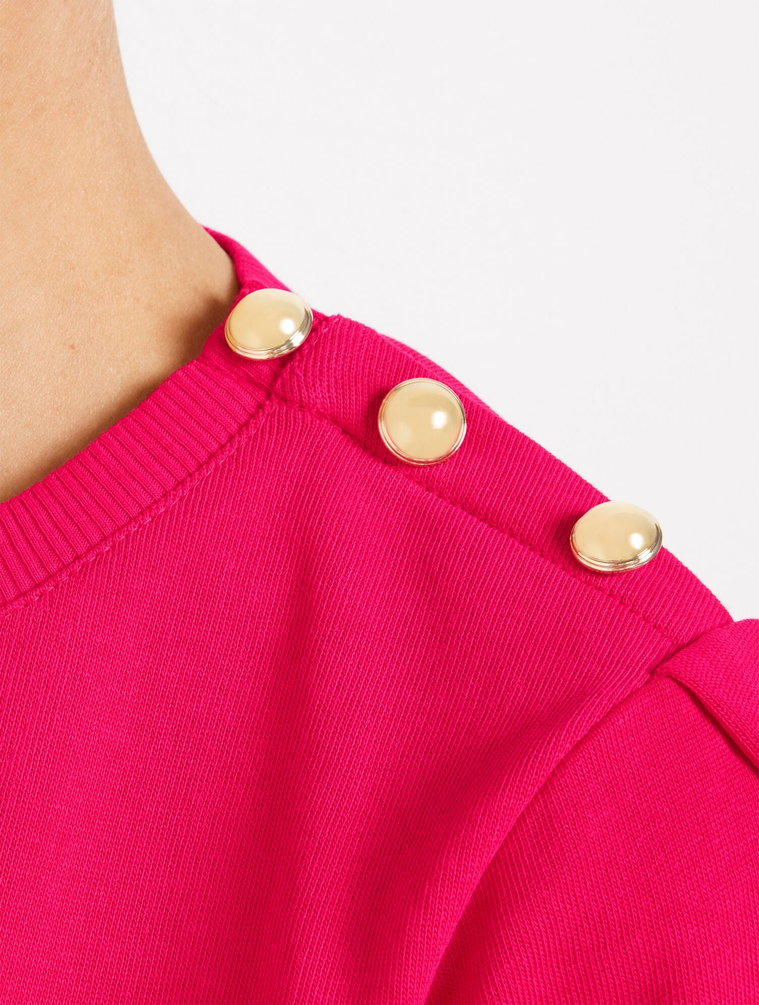BRIGHT ROSE BUTTON SHOULDER CREWNECK SWEATSHIRT | Talbots US