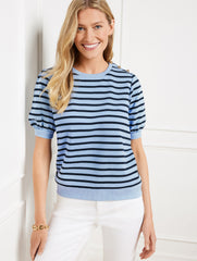BLUE CRYSTAL/INDIGO|PETUNIA PINK/IVORY|WHITE/INDIGO BUTTON SHOULDER CREWNECK SWEATSHIRT - STRIPE | Talbots for sale
