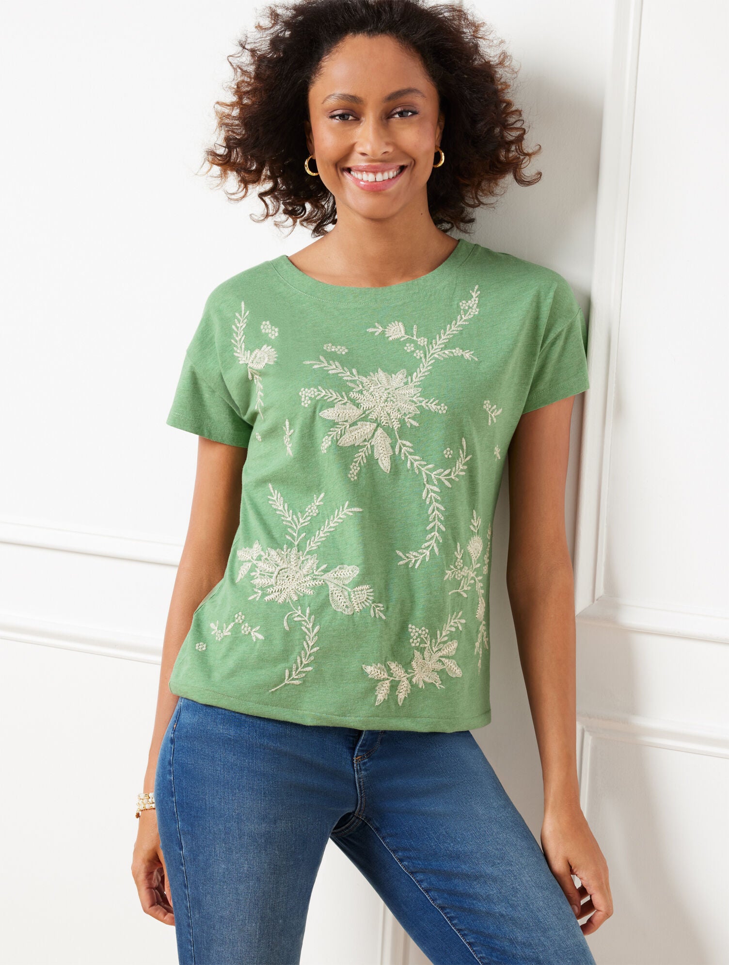 FERN HEATHER EMBROIDERED DROP SHOULDER TEE | Talbots US