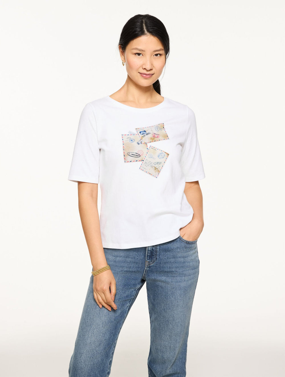 WHITE ELBOW SLEEVE CREWNECK TEE - POSTCARD | Talbots US