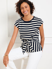 INDIGO/IVORY|IVORY/GOLDEN HONEY TIE FRONT CREWNECK TEE - CAMDEN STRIPE | Talbots discount