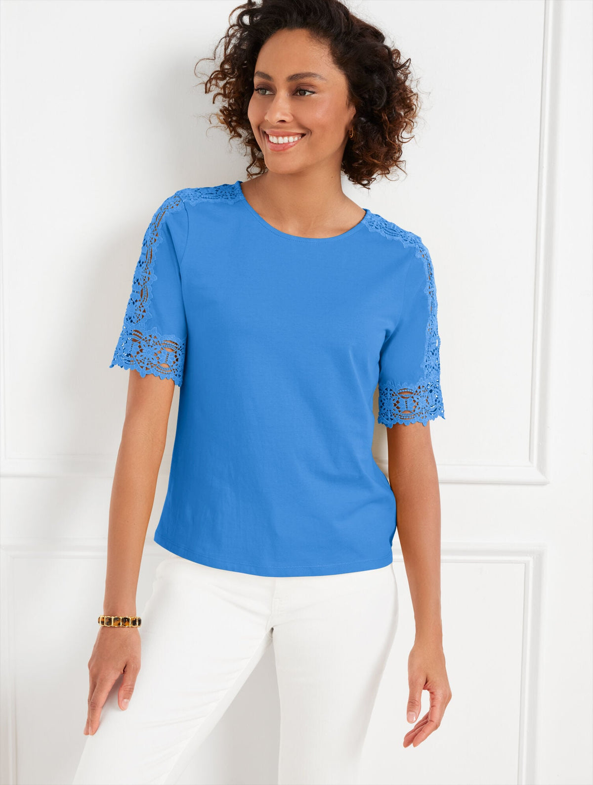 AZURE BLUE|GOLDEN HONEY LACE CUFF CREWNECK TEE | Talbots sale