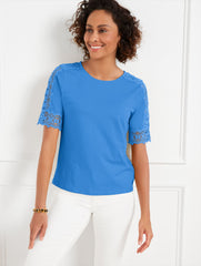 AZURE BLUE|GOLDEN HONEY LACE CUFF CREWNECK TEE | Talbots sale