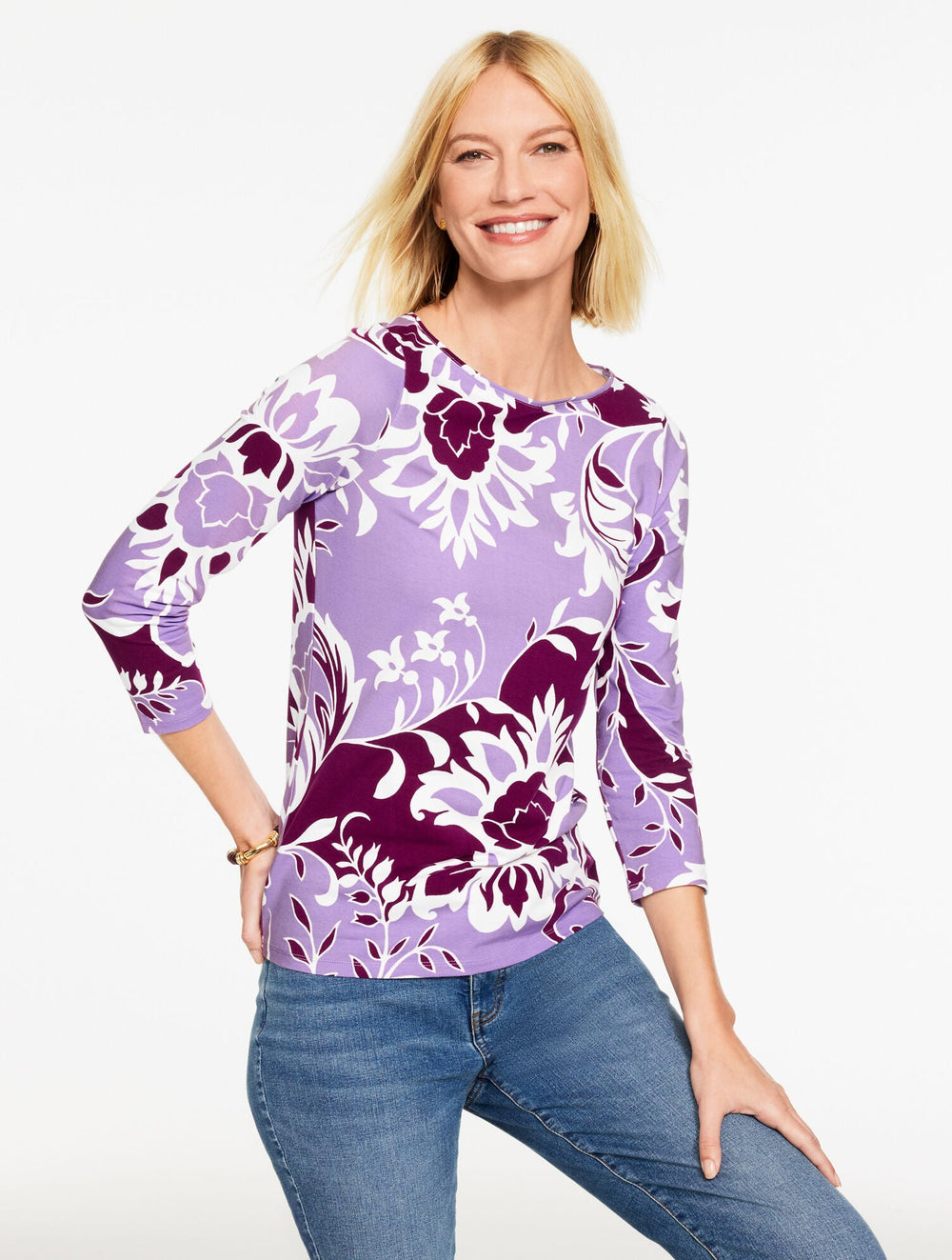 VIOLETTA/PARTY PLUM BATEAU NECK TEE - LUXE DAMASK | Talbots outlet