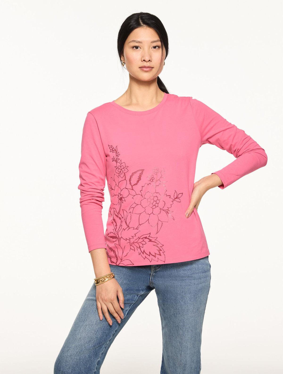 PETUNIA PINK LONG SLEEVE CREWNECK TEE - FOIL FLORAL | Talbots sale