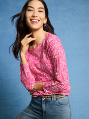 IVORY/AZURE BLUE|IVORY/PETUNIA PINK BUTTON SLEEVE CREWNECK TEE - WOODLAND DAMASK | Talbots on sale