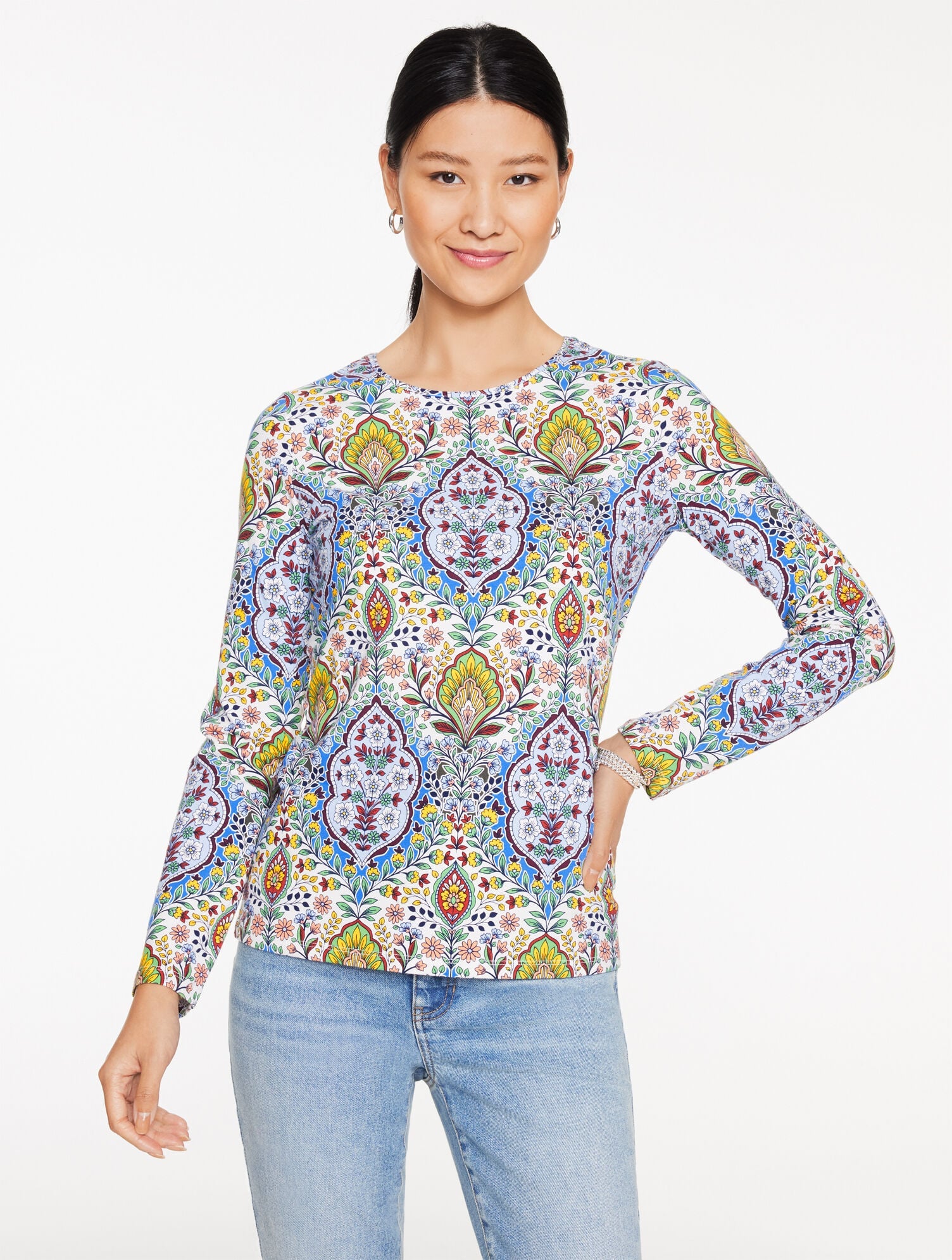 IVORY/BLUE CRYSTAL LONG SLEEVE CREWNECK TEE - BOTANICAL MEDALLION | Talbots discount