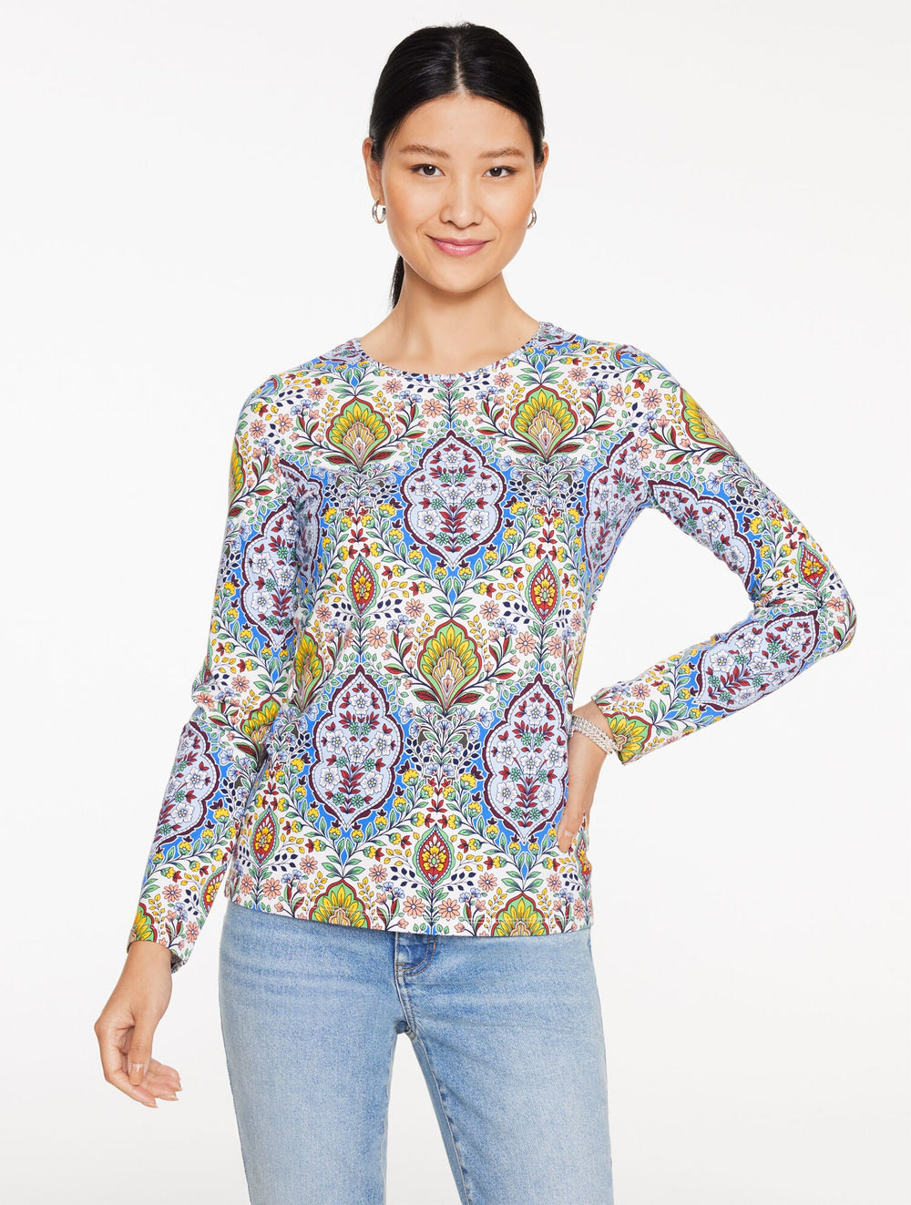 IVORY/BLUE CRYSTAL LONG SLEEVE CREWNECK TEE - BOTANICAL MEDALLION | Talbots discount