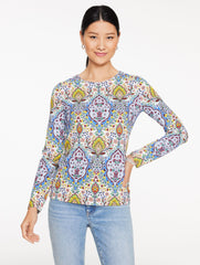 IVORY/BLUE CRYSTAL LONG SLEEVE CREWNECK TEE - BOTANICAL MEDALLION | Talbots discount