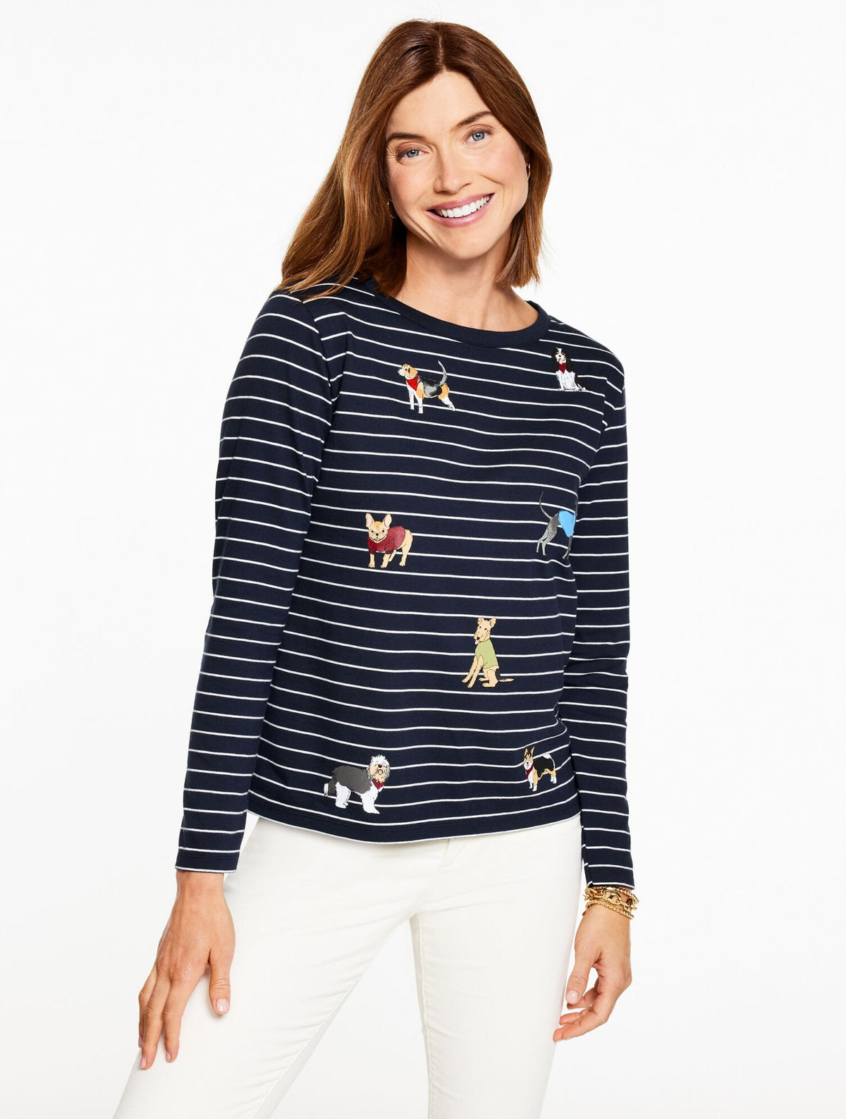 INDIGO BLUE/IVORY LONG SLEEVE CREWNECK TEE - JOVIAL DOGS | Talbots discount