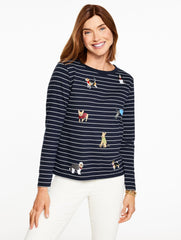 INDIGO BLUE/IVORY LONG SLEEVE CREWNECK TEE - JOVIAL DOGS | Talbots discount