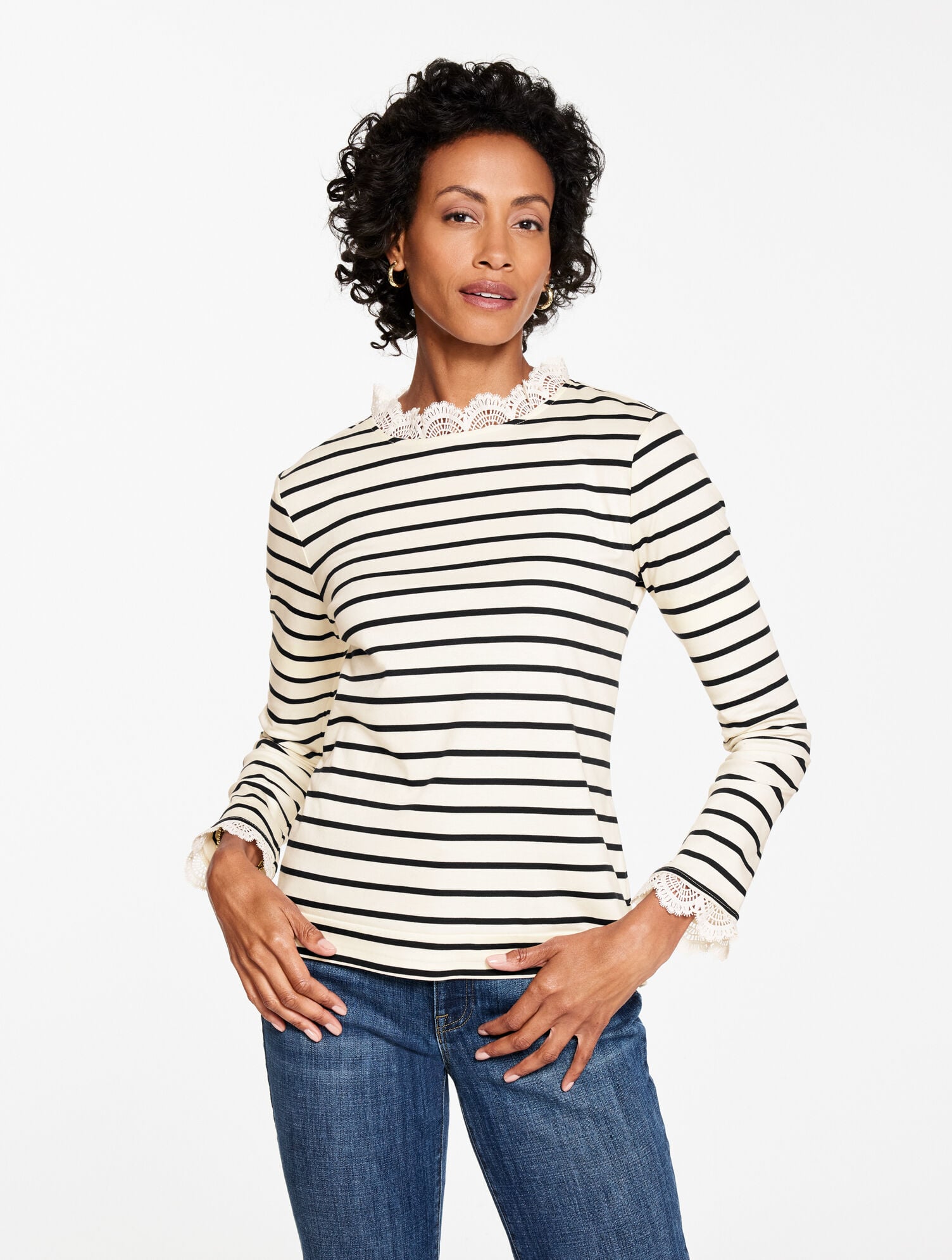 IVORY/BLACK LACE TRIM CREWNECK TEE - SAYBROOK STRIPE | Talbots US