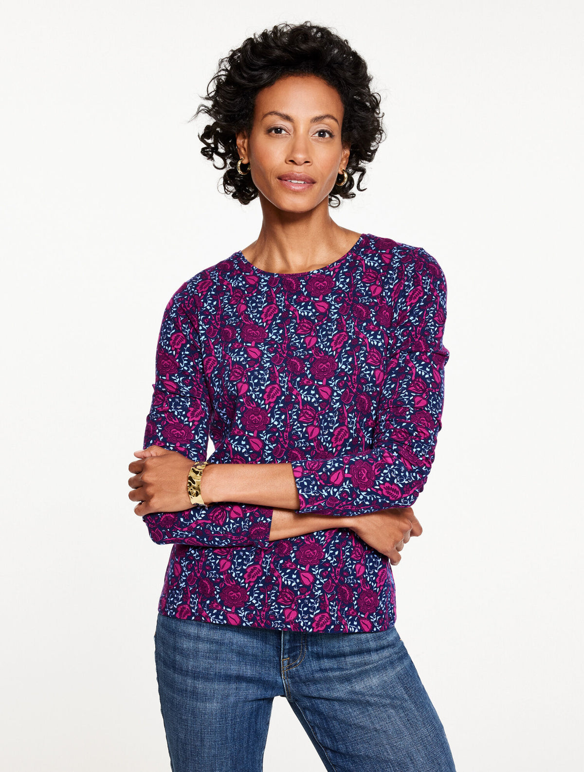 INDIA INK/PARTY PLUM MLTI LONG SLEEVE CREWNECK TEE - LEAFY FLORAL | Talbots US
