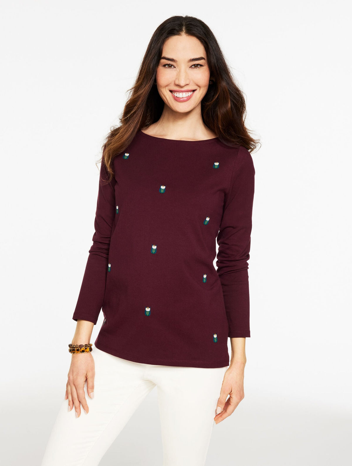 RICH BURGUNDY LONG SLEEVE BATEAU NECK TEE - OWL | Talbots outlet