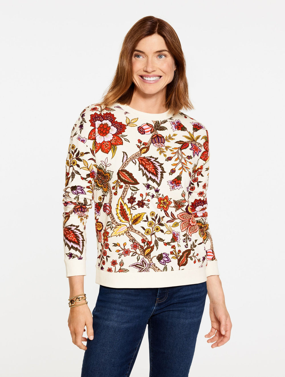 IVORY MULTI CREWNECK SWEATSHIRT - BLOOMING JACOBEAN | Talbots outlet