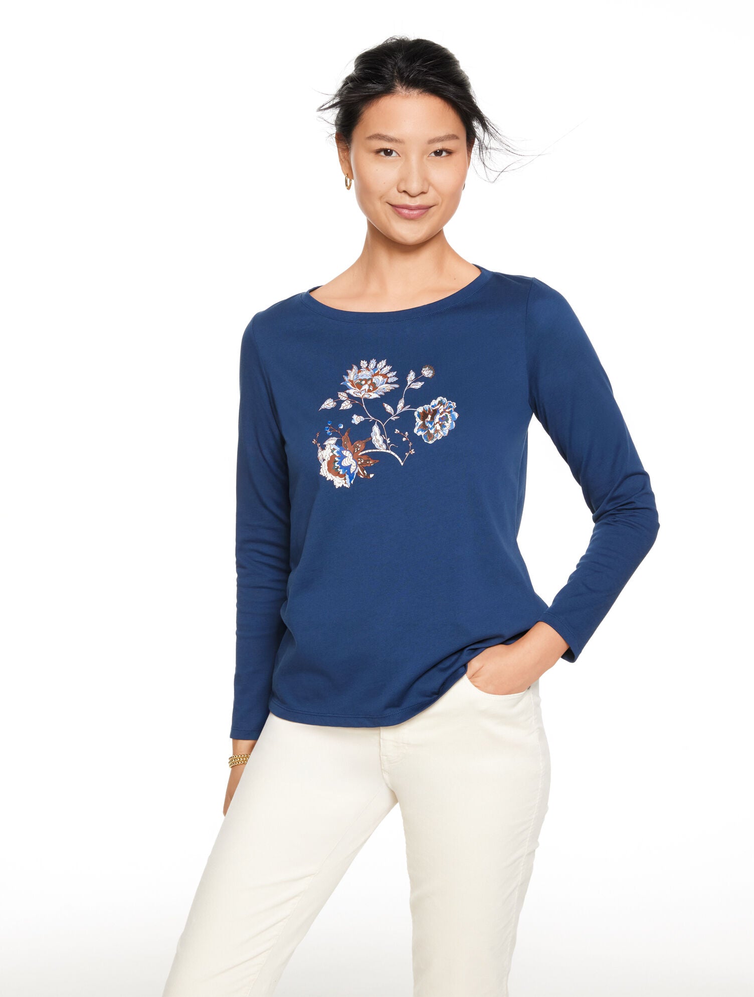 INDIA INK LONG SLEEVE CREWNECK TEE - FULL BLOOM | Talbots sale