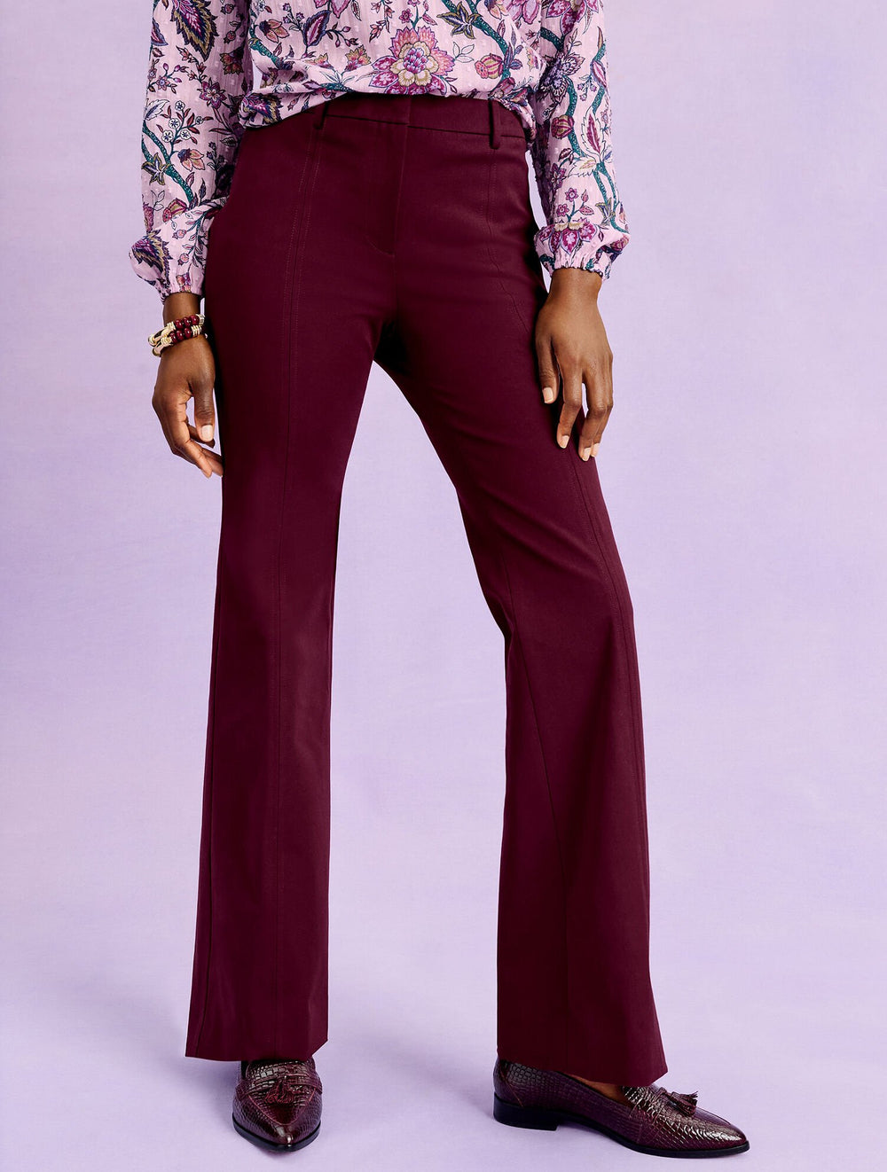 BLACK|INDIGO|RICH BURGUNDY FLARE LEG COTTON BI-STRETCH PANTS | Talbots online