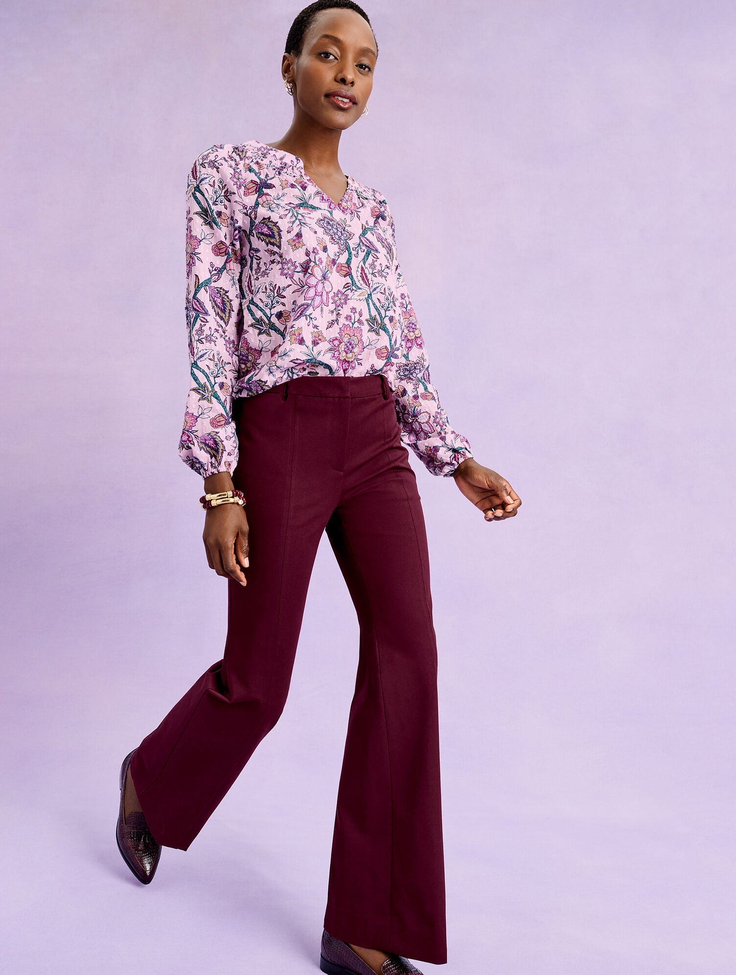 BLACK|INDIGO|RICH BURGUNDY FLARE LEG COTTON BI-STRETCH PANTS | Talbots online