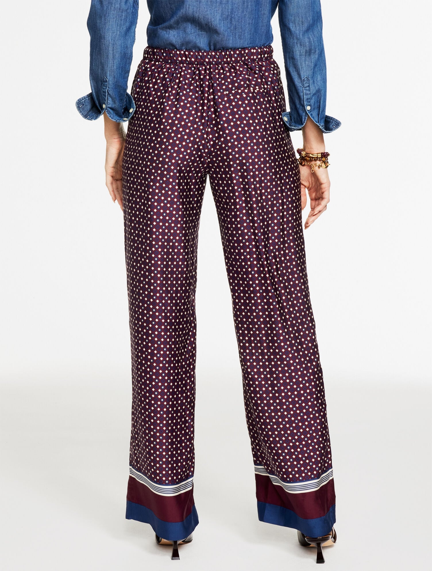 RICH BURGUNDY MULTI WIDE LEG PULL-ON PANTS - RADIANT BORDER | Talbots online