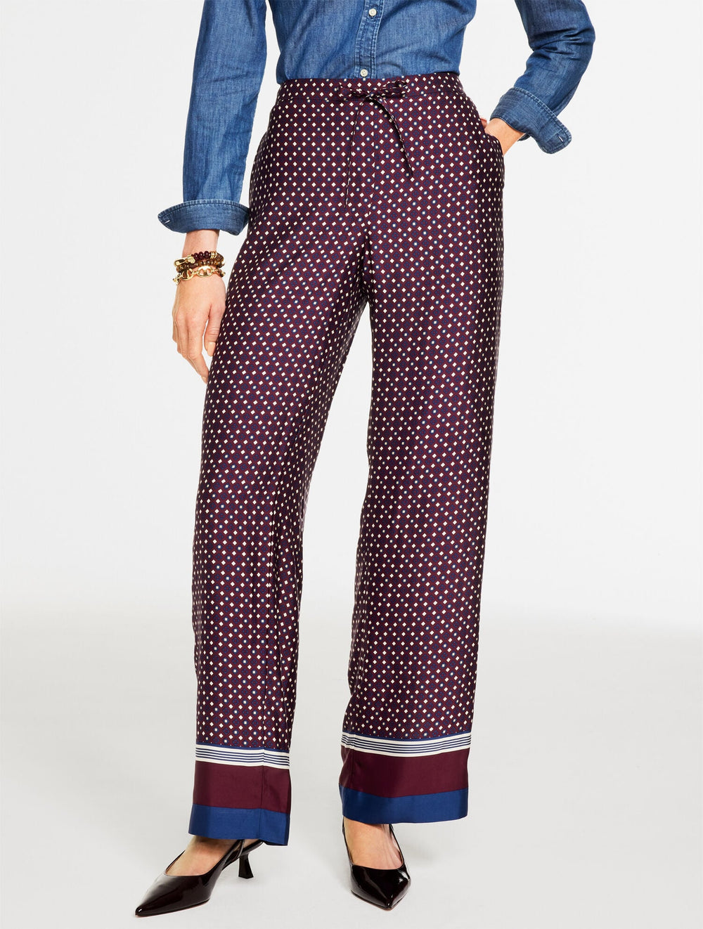 RICH BURGUNDY MULTI WIDE LEG PULL-ON PANTS - RADIANT BORDER | Talbots online