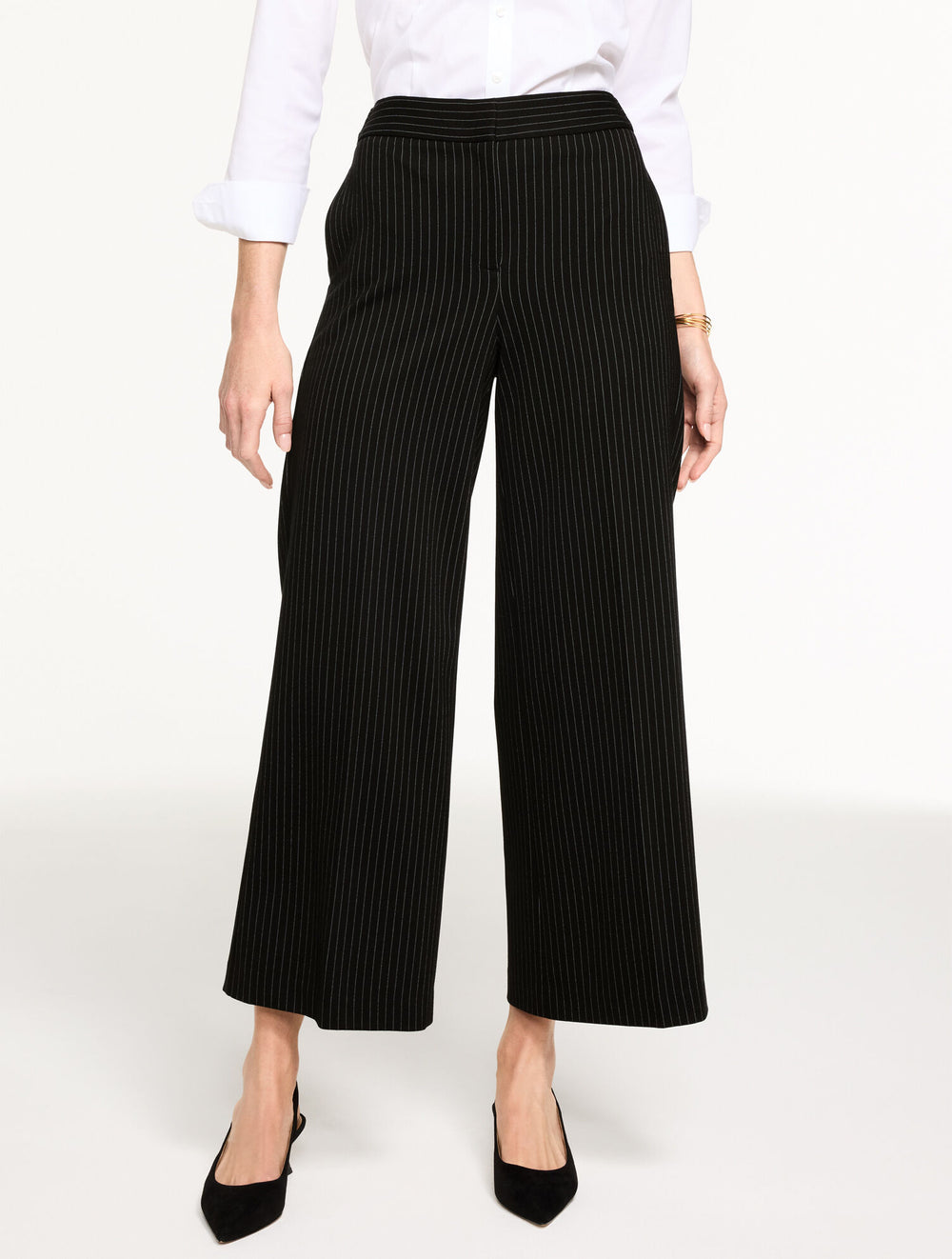 BLACK MULTI WIDE ANKLE PINSTRIPE PONTE PANTS | Talbots for sale