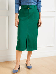 LUSH GREEN|SIERRA BROWN BELTED TWILL MIDI SKIRT | Talbots outlet