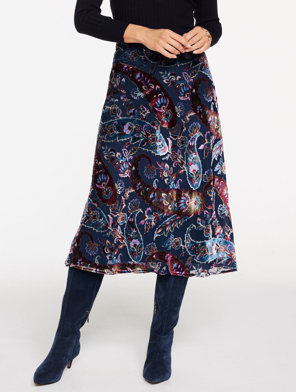 INDIGO MULTI BURNOUT VELVET SKIRT - FLORAL PAISLEY | Talbots discount