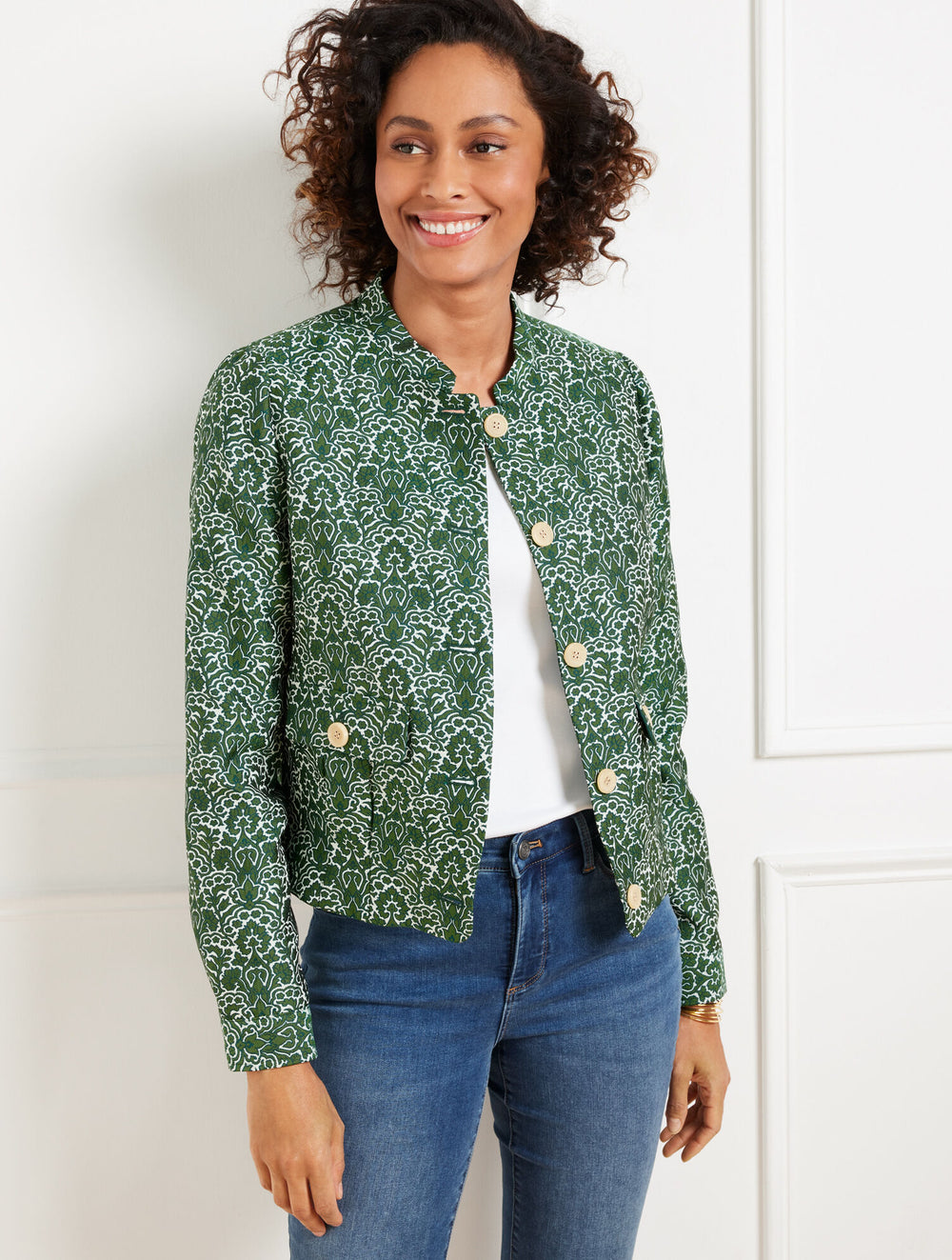 IVORY/GREEN FERN WOODLAND DAMASK JACKET | Talbots outlet
