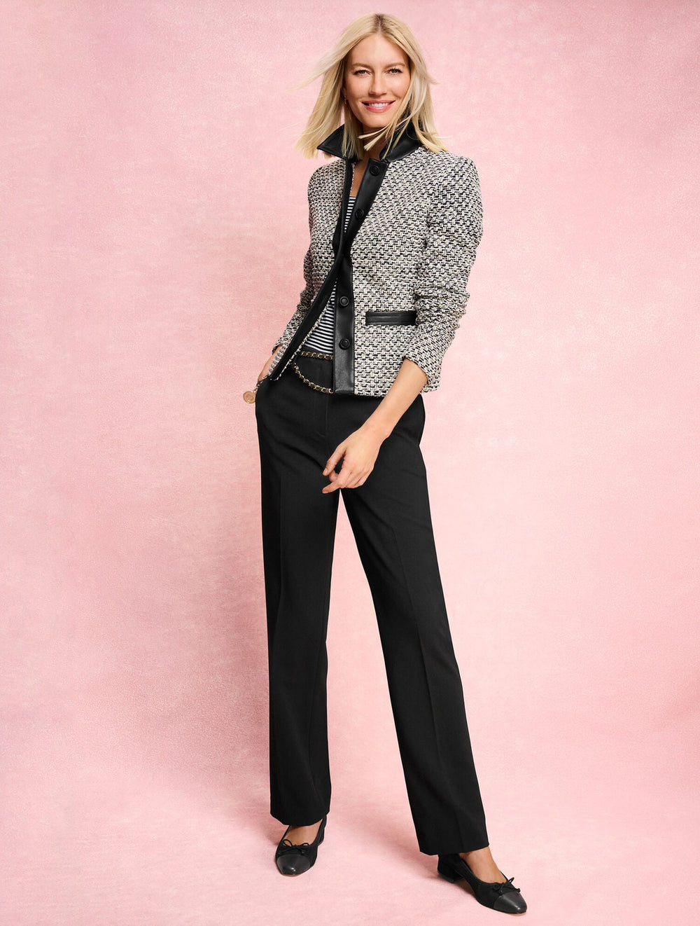 IVORY/BLACK FAUX LEATHER TWEED JACKET | Talbots on sale