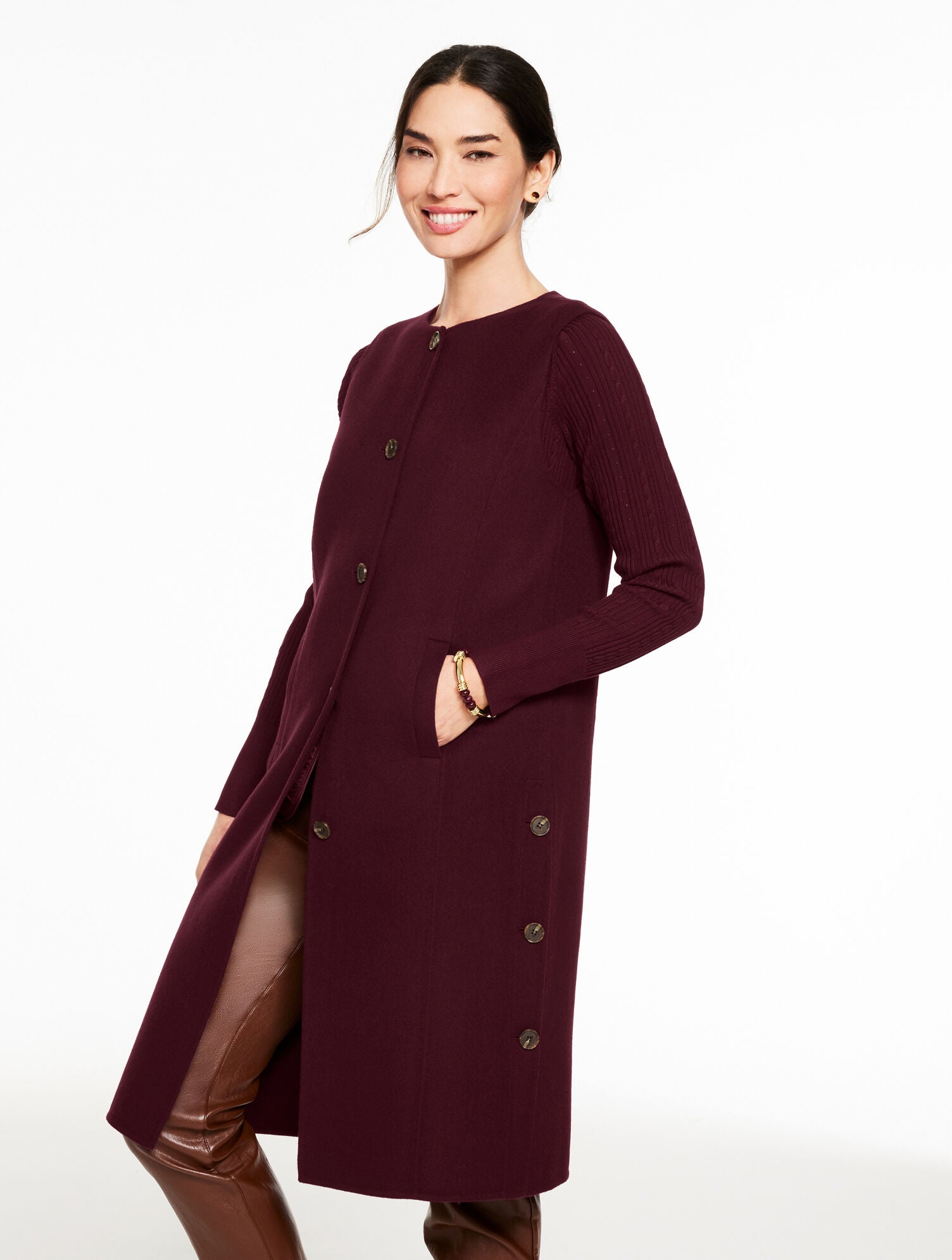 RICH BURGUNDY DOUBLE FACE WOOL BLEND TOPPER VEST | Talbots outlet