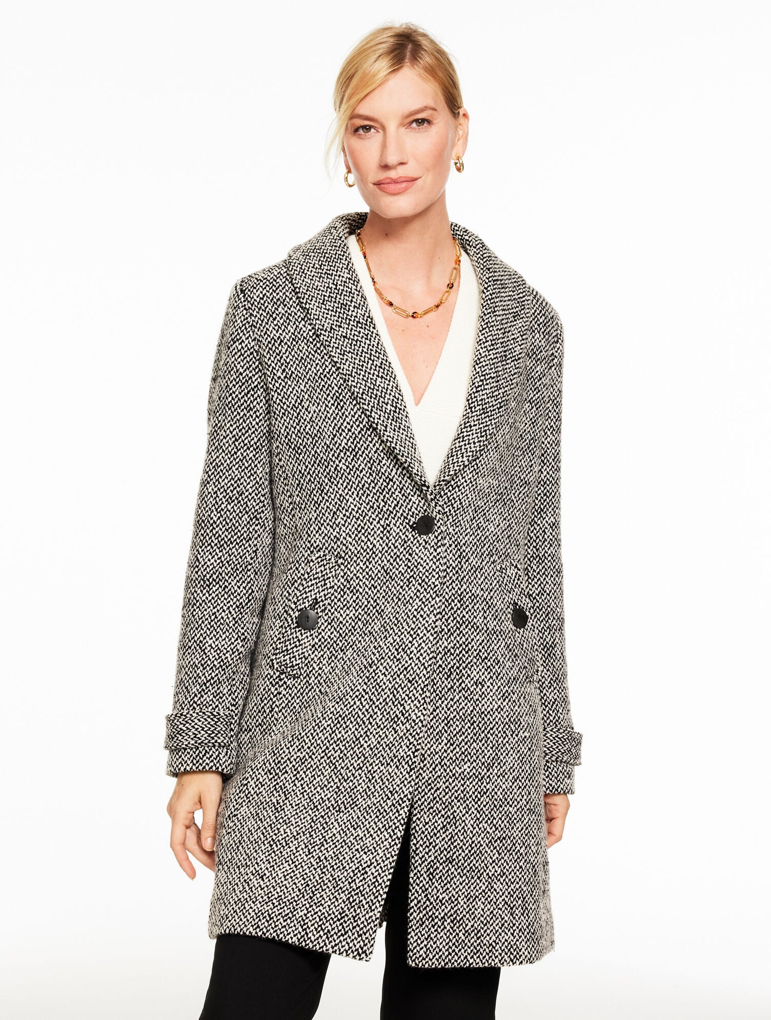 BLACK/IVORY SHAWL COLLAR COAT - SNUG CHEVRON | Talbots for sale