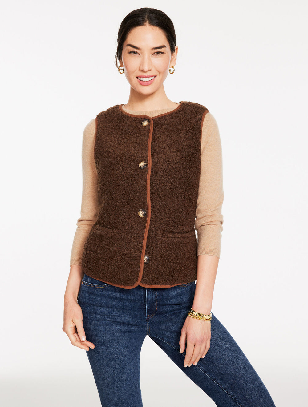 DARK WALNUT|IVORY SHERPA VEST | Talbots on sale