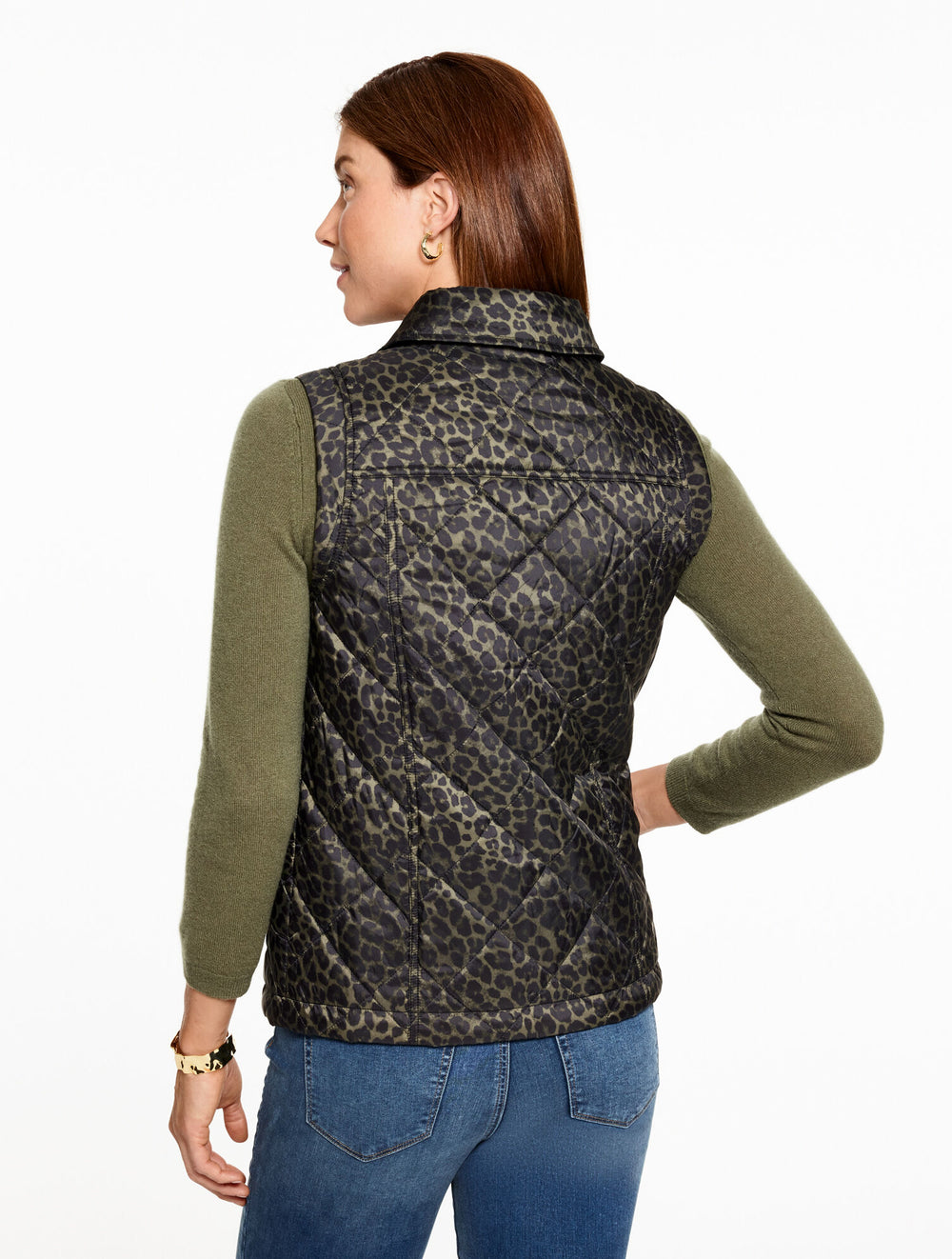 BURNT OLIVE MULTI QUILTED BARN VEST - ALLOVER ANIMAL | Talbots outlet